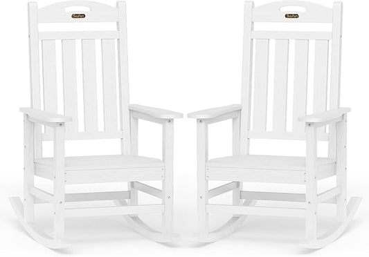 Oversized Rocking Chairs Outdoor Set of 2, High Back Porch Rocker Chair, HDPE All Weather Resistant Rocking Chairs for Patio, 380lbs Weight Capacity, White