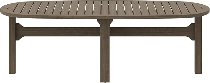 Modway Saratoga Teak Outdoor Oval Coffee Table in Weathered Gray – Low Wood Patio Coffee Table with Slatted Top and Sturdy Base