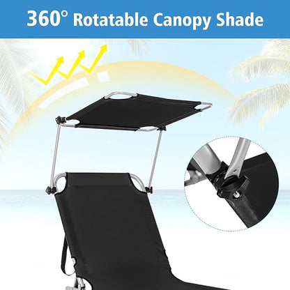 Goplus Tanning Chair, Foldable Beach Lounge Chair with 360°Canopy Sun Shade, Side Pocket, 5-Position Adjustable Outdoor Chaise Lounge Chair for Patio Pool Yard Lawn (2, Black)