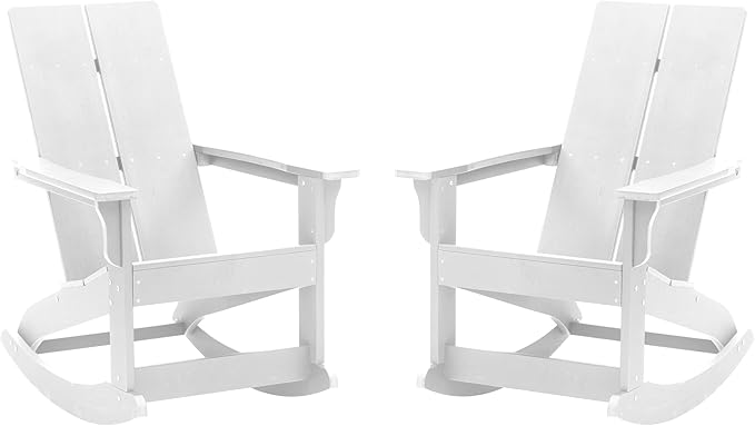 Taylor & Logan Finn Modern All-Weather 2-Slat Poly Resin Rocking Adirondack Chair with Rust Resistant Stainless Steel Hardware in White - Set of2