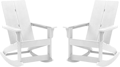 Flash Furniture Finn Modern Commercial Poly Resin Wood Adirondack Rocking Chair - All Weather White Polystyrene - Dual Slat Back - Stainless Steel Hardware - Set of 2