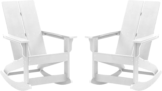 Flash Furniture Finn Modern Commercial Poly Resin Wood Adirondack Rocking Chair - All Weather White Polystyrene - Dual Slat Back - Stainless Steel Hardware - Set of 2