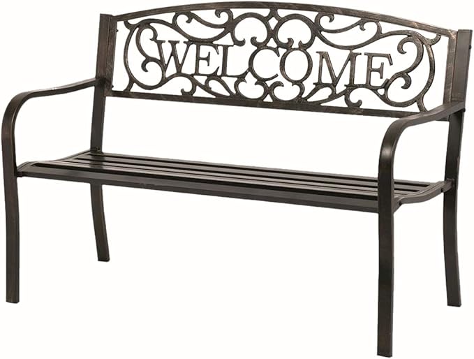 Welcome Metal Park Patio Bench, Outdoor Bench in Bronze for Porch, Lawn, Garden, Deck by Sun-Ray