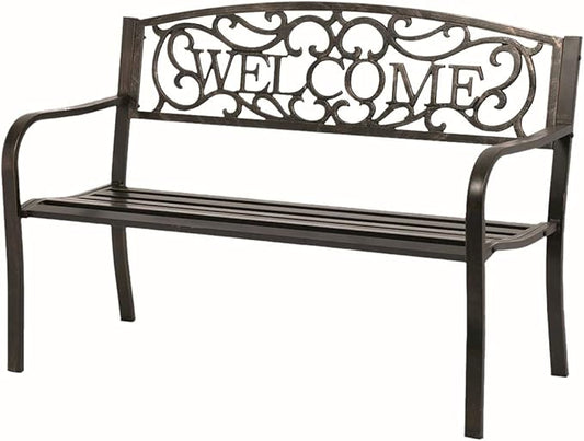 Welcome Metal Park Patio Bench, Outdoor Bench in Bronze for Porch, Lawn, Garden, Deck by Sun-Ray