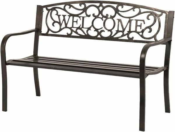 Welcome Metal Park Patio Bench, Outdoor Bench in Bronze for Porch, Lawn, Garden, Deck by Sun-Ray