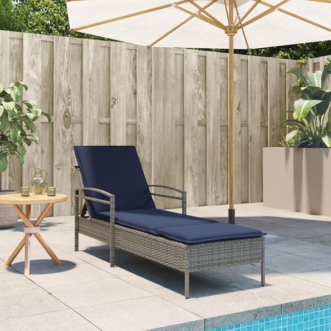 Sun Lounger with Cushion Grey 24.8 x 78.7 x 31.9 Poly Rattan Adjustable Backrest Outdoor Furniture with Removable Washable Cover