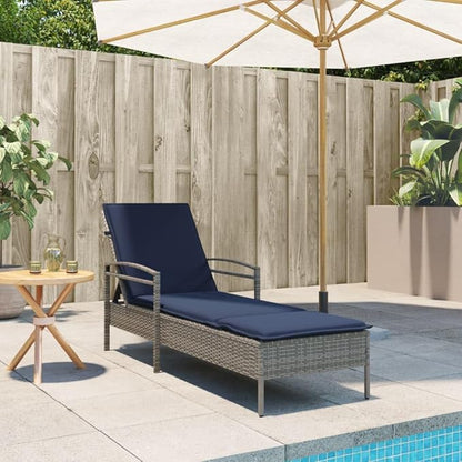 Sun Lounger with Cushion Grey 24.8 x 78.7 x 31.9 Poly Rattan Adjustable Backrest Outdoor Furniture with Removable Washable Cover