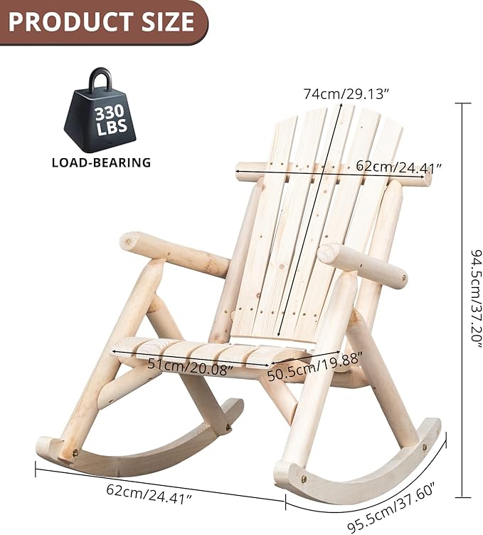 Outvita Wooden Rocking Chair, Fir Log Adirondack Rocker, Outdoor Wood Accent Furniture Lounge Chairs for Garden Patio Backyard Porch (Natural Finish)