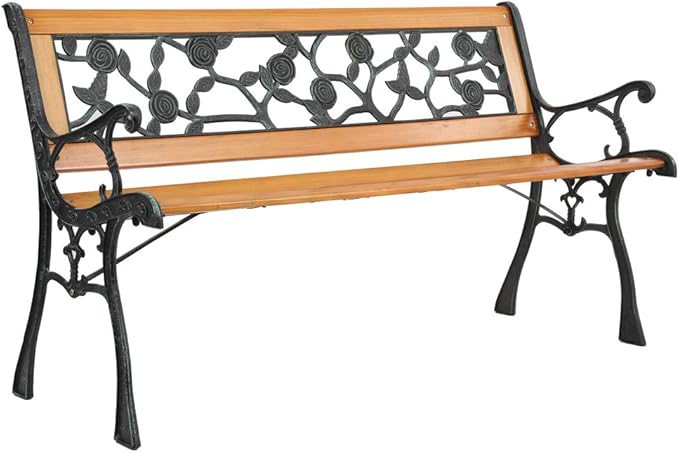 VINGLI Outdoor Bench Patio Metal Bench, Outside Porch Loveseat Garden Bench, Wooden Park Bench w/PVC Backrest, Weather Proof Outdoor Cast Iron Seating (Rose)