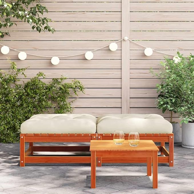 Outdoor Patio Garden Footstool Set 2-Pack, 27.6"x27.6" Solid Pine Wood Stools with Removable Cream Cushion - Photo 3