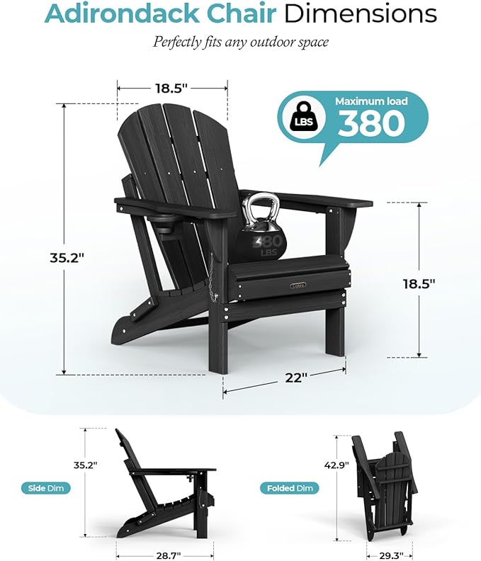 Ciokea Folding Adirondack Chair 4 Pack, Patio Adirondack Chair Weather Resistant, Plastic Fire Pit Chair with Cup Holder - Photo 2