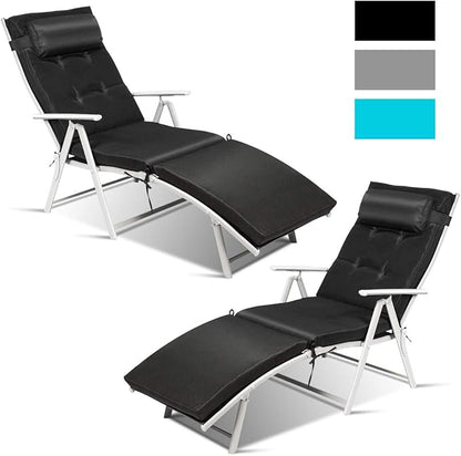 COSTWAY 2PCS Outdoor Folding Chaise Lounge Chair, Lightweight 7-Gear Adjustable Recliner with Neck Pillow, No Assembly, Ideal for Deck, Patio (Black)