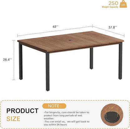 VICLLAX 63" Rectangle Outdoor Dining Table for 6, Patio Table with Umbrella Hole, All Weather Metal Patio Tables, Walnut Tabletop