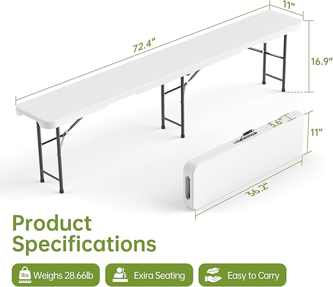 Real Relax 6 feet Plastic Folding Bench with Carrying Handle & Lock,Portable in/Outdoor Picnic Party Camping Dining Seat, Garden Soccer Multipurpose Entertaining Activities,Waterproof, 2 Pack, White