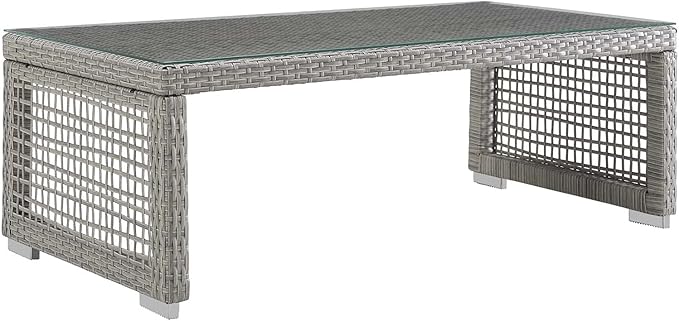 Modway Aura Wicker Rattan Outdoor Patio Tempered Glass Coffee Table in Gray