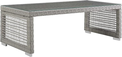 Modway Aura Wicker Rattan Outdoor Patio Tempered Glass Coffee Table in Gray