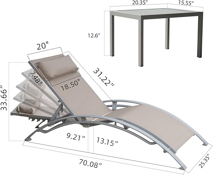 Domi Pool Lounge Chair Set of 3, Outdoor Chaise Lounge with Side Table, Adjustable Garden Aluminum Reclining Chair for Pool Beach Sunbathing Chair (Khaki)