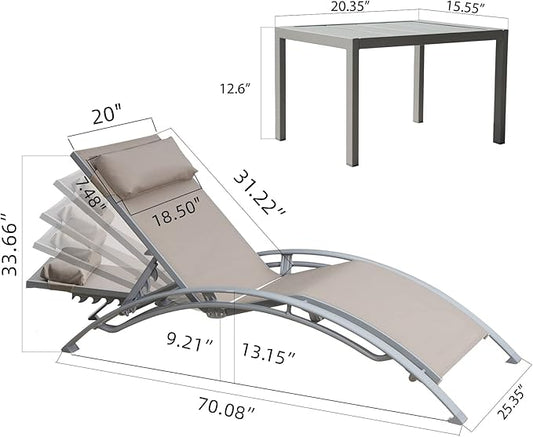 Domi Pool Lounge Chair Set of 3, Outdoor Chaise Lounge with Side Table, Adjustable Garden Aluminum Reclining Chair for Pool Beach Sunbathing Chair (Khaki)
