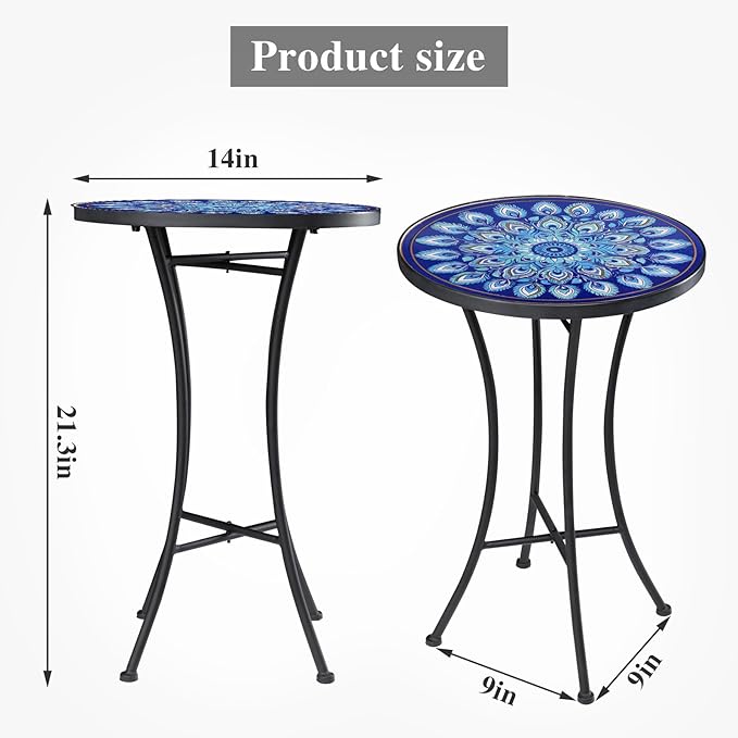 Vipush Mosaic Outdoor Side Table, 14" Round Folding Plant Stand for Patio Garden Backyard Balcony Porch Indoor Accent End Table for Living Room, Ceramic Tabletop with Black Iron, Blue Feather