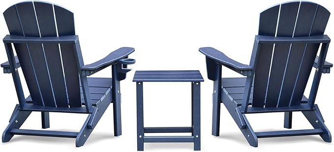 Outdoor Furniture 3 Piece Folding Adirondack Chairs Set of 2 and Patio Table,Plastic Patio Firepit Chair with Cup Holder& High Backrest, Adirondack Chair for Outdoor, Patio, Garden, Beach(Navy Blue-3)