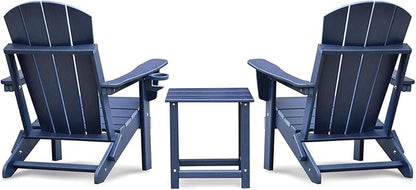 Outdoor Furniture 3 Piece Folding Adirondack Chairs Set of 2 and Patio Table,Plastic Patio Firepit Chair with Cup Holder& High Backrest, Adirondack Chair for Outdoor, Patio, Garden, Beach(Navy Blue-3)
