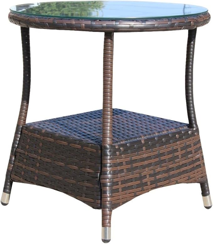 Outdoor Wicker Side Table with Glass Top, 21" Round Patio End Table, All-Weather PE Rattan Coffee Table for Garden, Balcony, Poolside, 120lbs Capacity, Easy Assembly