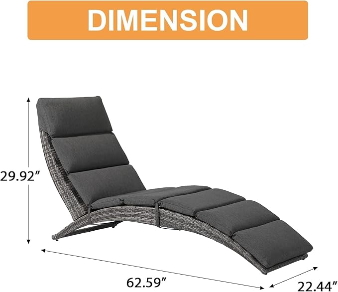 JOIVI Patio Chaise Lounge, Outdoor Lounge Chair, PE Rattan Folding Chaise Lounger with Removable Dark Gray Cushion - Photo 2