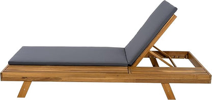 Christopher Knight Home Kayes Acacia Wood Chaise Lounge with 2'' Cushion, Outdoor 79'' Patio Recliner Chair with 4-Position Adjustable Backrest, Sun Lounger for Poolside Backyard, Teak+Dark Gray