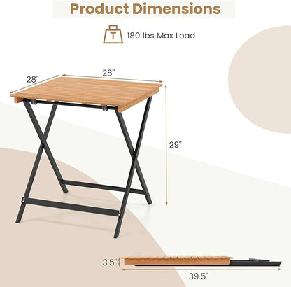 Tangkula 28-Inch Acacia Wood Patio Dining Table, Square Foldable Outdoor Table with Slatted Tabletop, Portable Outside Bistro Dining Table for Backyard, Porch, Balcony
