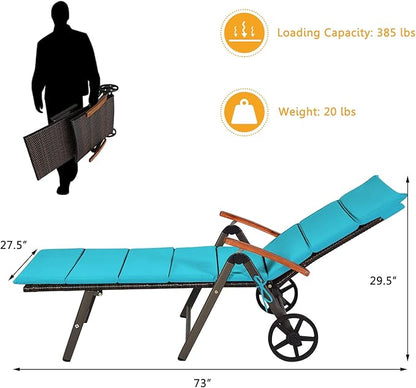 Tangkula Foldable Lounge Chair Outdoor, Wicker Chaise Lounge with Aluminum Frame, 7-Position Adjustable Reclining Pool Lounge Chairs with Wheels, Rattan Lounger with Cushion for Outside Patio Balcony