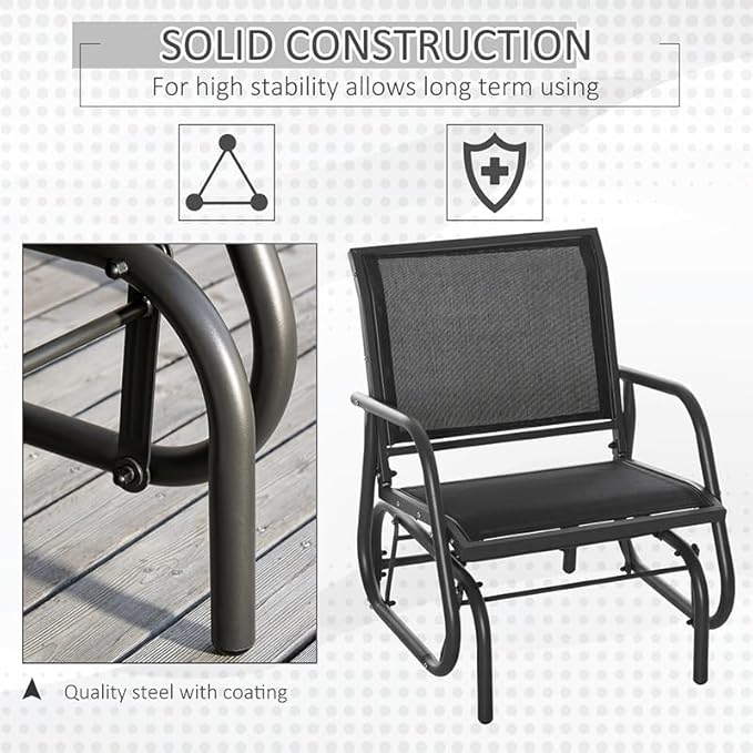 Outsunny Porch Glider Set of 2, Metal Frame Swing Glider Chair with Breathable Mesh Fabric, Curved Armrests and Steel Frame for Garden, Poolside, Backyard, Balcony, Black