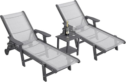 Outdoor Chaise Lounge Chair with Table Set of 3, 5-Position Adjustable Pool Lounge Chair with Wheels & Cup Holder, HDPE Patio Lounge Chair with Textilene Surface for Outside, Poolside (Grey)