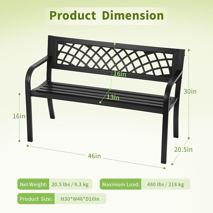 Outdoor Garden Bench, 2-Person Metal Patio Bench with Rust-Resistant Steel Frame & Mesh Pattern Plastic Backrest/Armrests, Black for Lawn Yard Porch Entryway Park