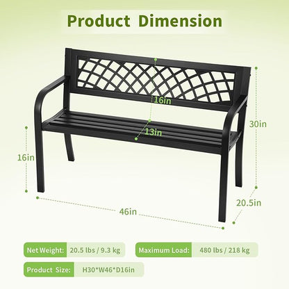 Outdoor Garden Bench, 2-Person Metal Patio Bench with Rust-Resistant Steel Frame & Mesh Pattern Plastic Backrest/Armrests, Black for Lawn Yard Porch Entryway Park