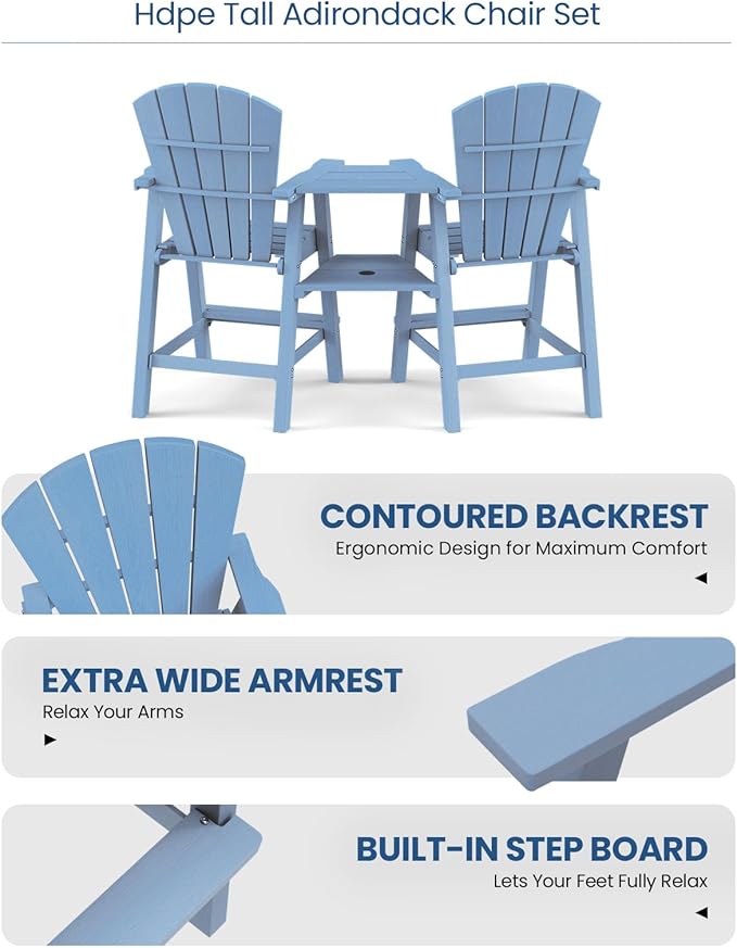 Ciokea Tall Adirondack Chairs Set of 2, HDPE Outdoor Adirondack Bar Stools with Double Connecting Tray, Weather Resistant High Back Adirondack Balcony Chairs for Deck, Lawn, Pool, Backyard, Baby Blue
