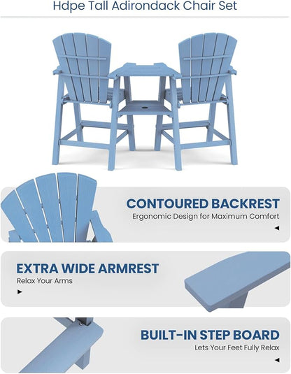 Ciokea Tall Adirondack Chairs Set of 2, HDPE Outdoor Adirondack Bar Stools with Double Connecting Tray, Weather Resistant High Back Adirondack Balcony Chairs for Deck, Lawn, Pool, Backyard, Baby Blue