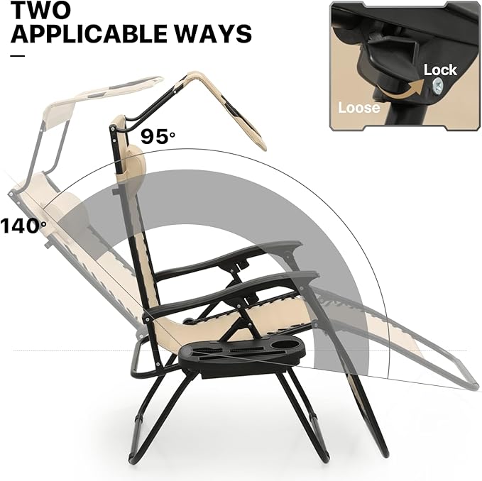 MoNiBloom Zero Gravity Chair Set of 2 with Canopy Shade, Patio Folding Anti Gravity Recliner, Foldable Outdoor Lounger with Cup Holder Tray for Beach Camping, Cream