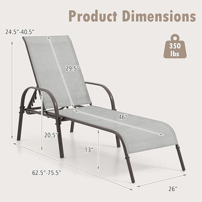 Nightcore Chaise Lounge Chair Outdoor, Pool Chair with 5 Adjustable Backrest, Patio Lounge Chairs with Breathable Fabric, Comfortable Armrest, Chaise Lounge for Patio, Pool, Bench (2, Light Grey)