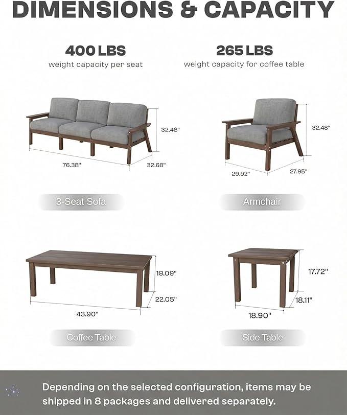 HDPE Patio Furniture Set 10 Seats, Outdoor Couch with Washable Thick Grey Cushions & Coffee Table & Side Table, Outdoor Sectional Furniture for Backyard, Deck, Lawn, Porch (Brown Frame)