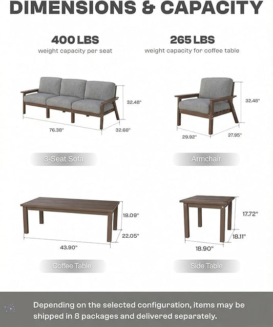HDPE Patio Furniture Set 10 Seats, Outdoor Couch with Washable Thick Grey Cushions & Coffee Table & Side Table, Outdoor Sectional Furniture for Backyard, Deck, Lawn, Porch (Brown Frame)