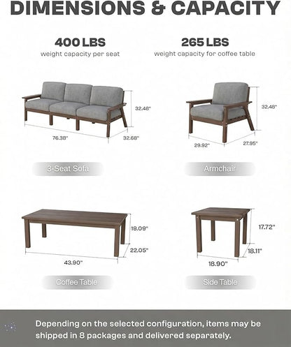 HDPE Patio Furniture Set 8 Seats, Outdoor Couch with Washable Thick Gray Cushions & Side Table, Outdoor Sectional Furniture for Backyard, Deck, Lawn, Porch (Brown Frame)