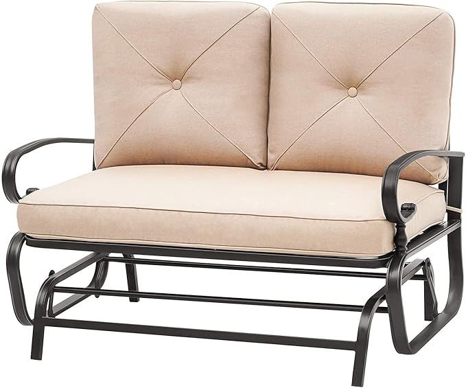 Patio Bench, Porch Glider Outdoor Swing Glider Rocking Loveseat, Steel Frame Chair with Thick Cushion (Brown)