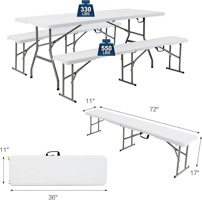 S AFSTAR 3 PCS Folding Table and Benches, 6Ft Camping Table & 2-Pack Folding Chairs with Carry Handles - Photo 3