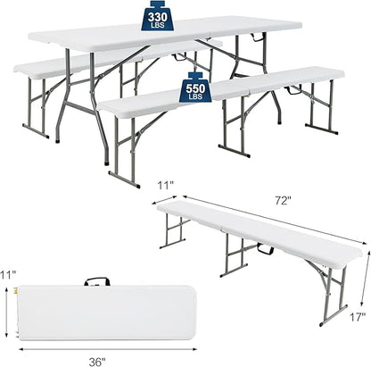S AFSTAR 3 PCS Folding Table and Benches, 6Ft Camping Table & 2-Pack Folding Chairs with Carry Handles, Indoor Outdoor Rectangle Folding Desk & Long Chairs for Picnic Party Camping BBQ, Assembly-Free
