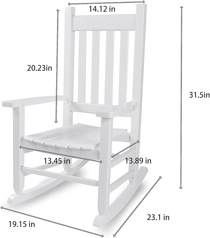 Kids Rocking Chair for Toddler and Children Comfy Recliner Wooden Rocker for Baby Girls Outdoor Lounge for Age 6-10 Indoor Anti-Tip Design Safe & Sturdy White