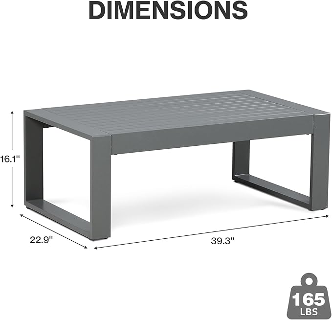Aoodor Aluminum Patio Furniture Coffee Table, Modern Rectangle All-Weather Patio Metal Coffee Side Table for Outside, for Balcony, Garden, Yard, Grey