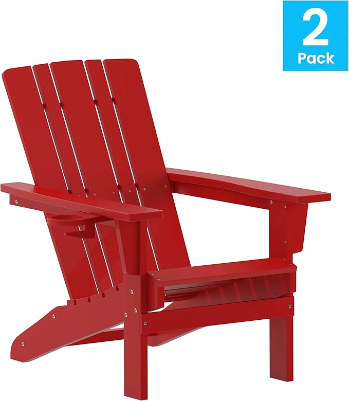 Flash Furniture Halifax Adirondack Chairs with Cup Holders, Weather Resistant Poly Resin Adirondack Chairs, Set of 2, Red
