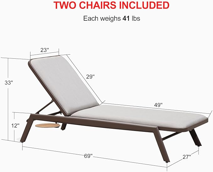 PURPLE LEAF Outdoor Chaise Lounge Set of 2 with Cushion Aluminum Pool Side Sun Lounges with Side Table Adjustable Reclining Patio Coffee