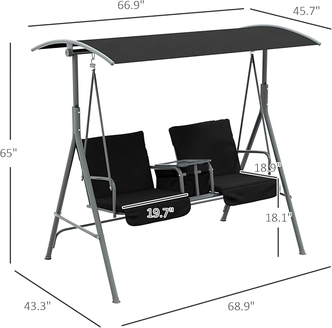 Outsunny 2 Person Porch Swing with Stand, Outdoor Swing with Canopy, Pivot Storage Table, 2 Cup Holders, Cushions for Patio, Backyard, Black