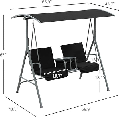 Outsunny 2 Person Porch Swing with Stand, Outdoor Swing with Canopy, Pivot Storage Table, 2 Cup Holders, Cushions for Patio, Backyard, Black